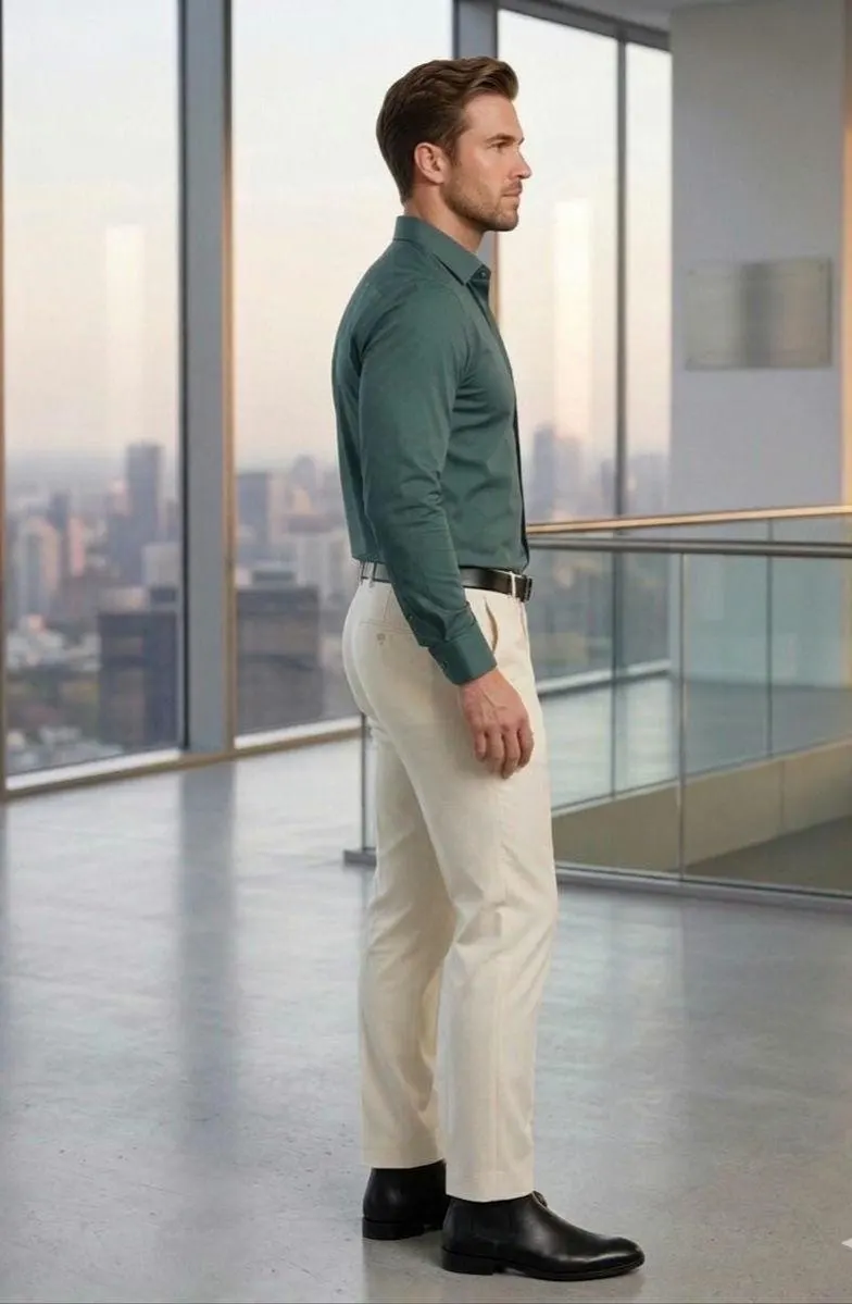 Men's Slim-Fit Silk-Cotton Blend Dress Shirt | Emerald Green, Spread Collar, Wrinkle-Resistant Trousers - image 5