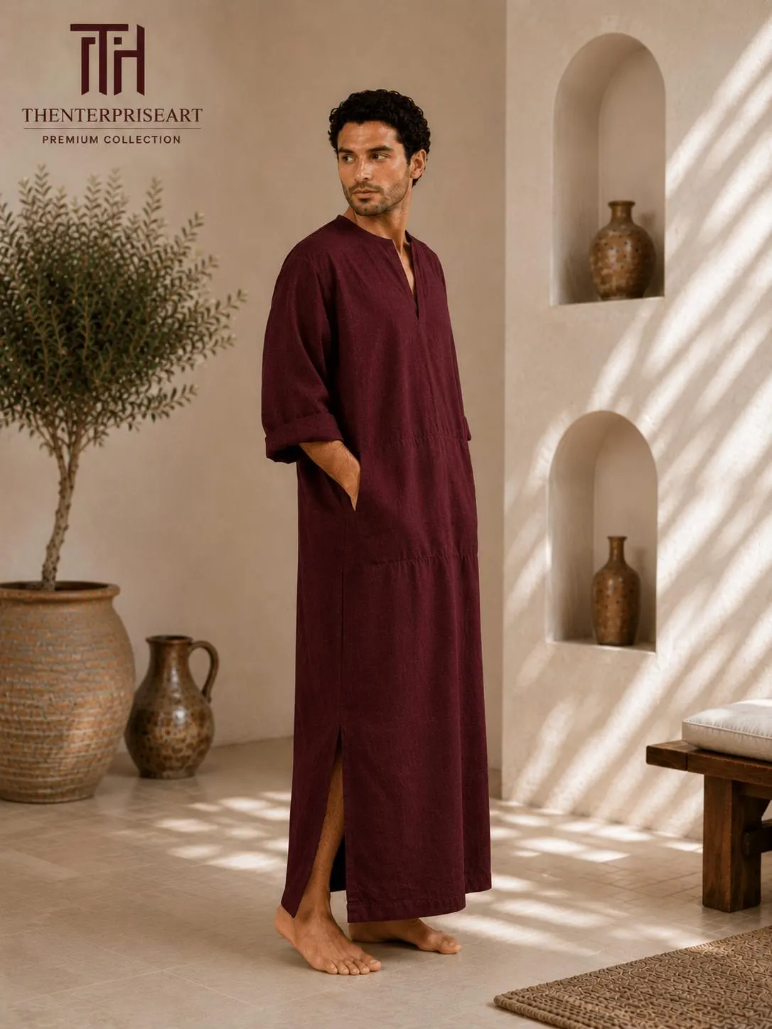 Men's Linen Blend Kaftan Robe | Arabic Thobe, Muslim Prayer Dress, Casual Long Fit - image 4