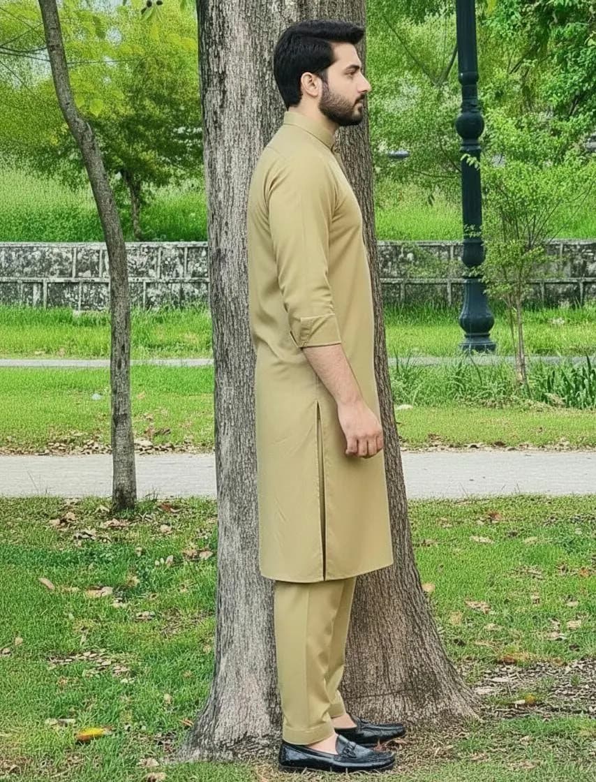 Men's Khaki Shalwar Kameez Slim Fit Kurta Pajama Set, South Asian Ethnic Wear - image 2