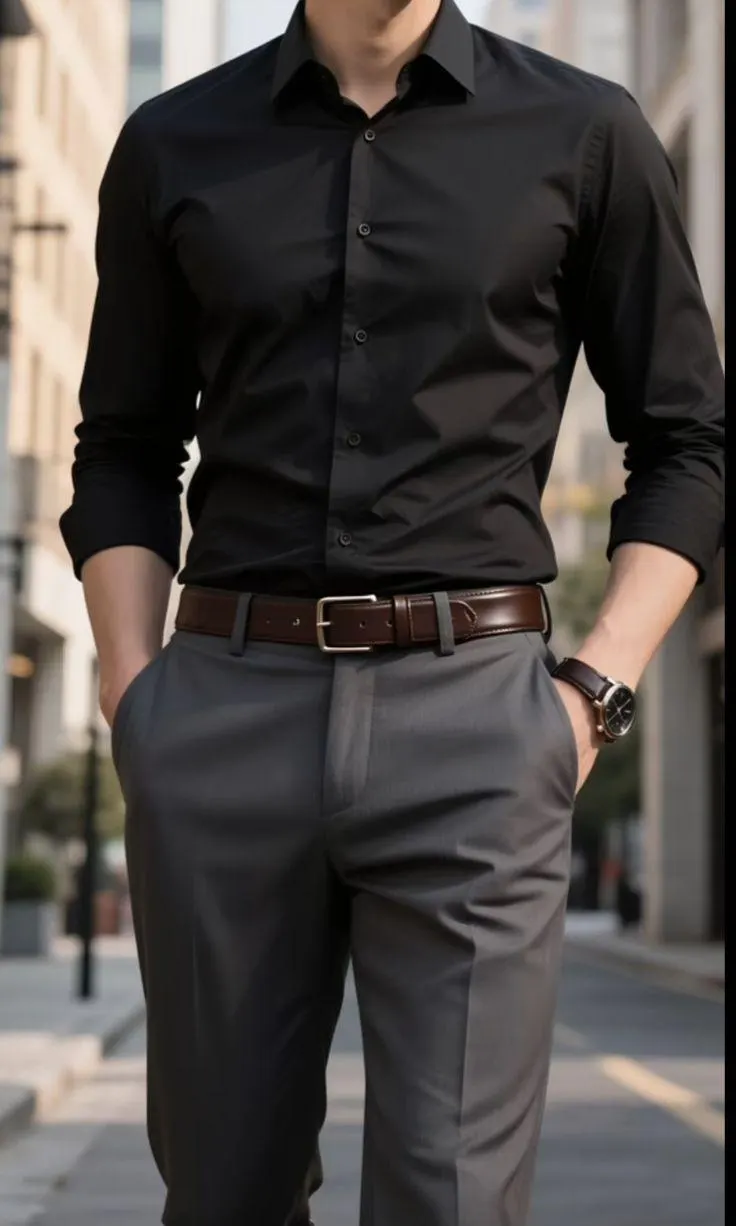 Men's Black Cotton Blend Slim Fit Dress Shirt, Minimalist Office Wear - image 5