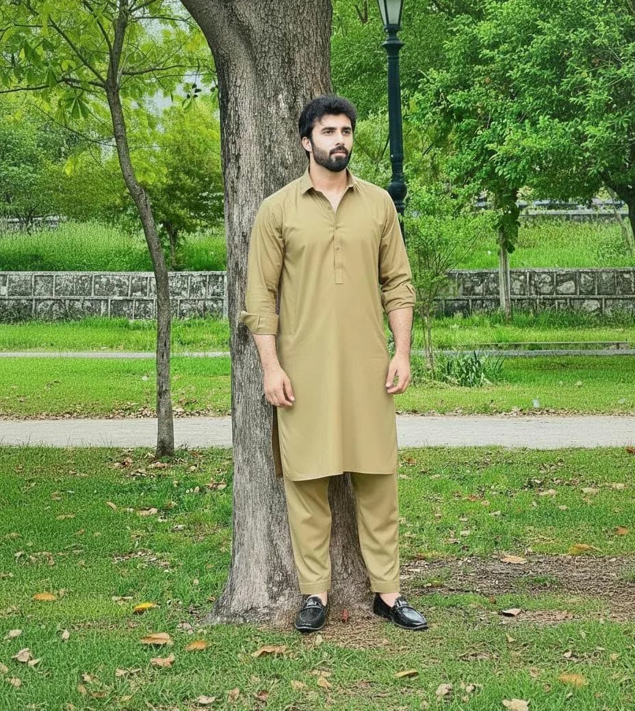 Men's Khaki Shalwar Kameez Slim Fit Kurta Pajama Set, South Asian Ethnic Wear - image 5
