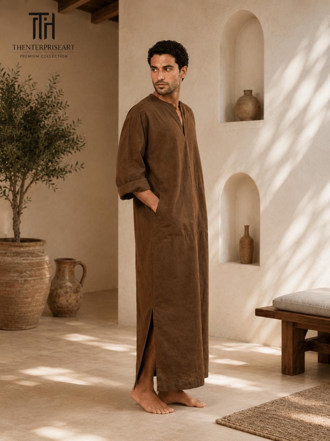 Men's Linen Blend Kaftan Robe | Arabic Thobe, Muslim Prayer Dress, Casual Lounge Wear - image 4