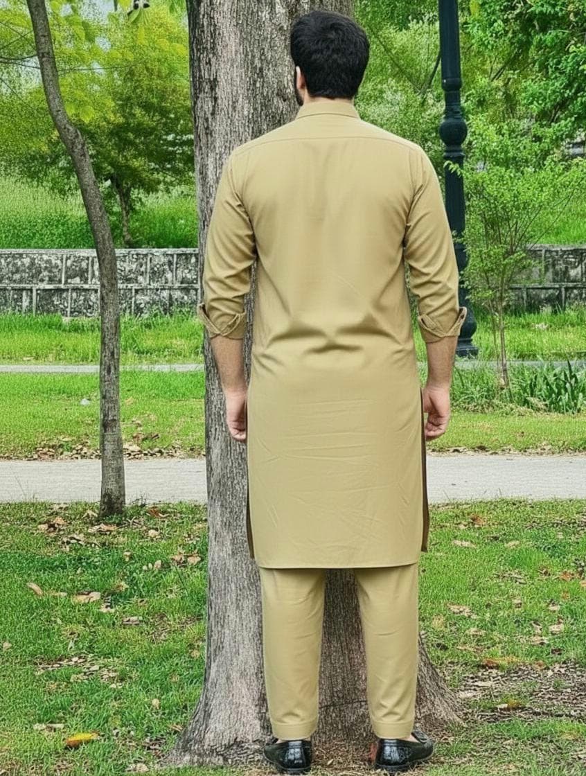 Men's Khaki Shalwar Kameez Slim Fit Kurta Pajama Set, South Asian Ethnic Wear - image 4