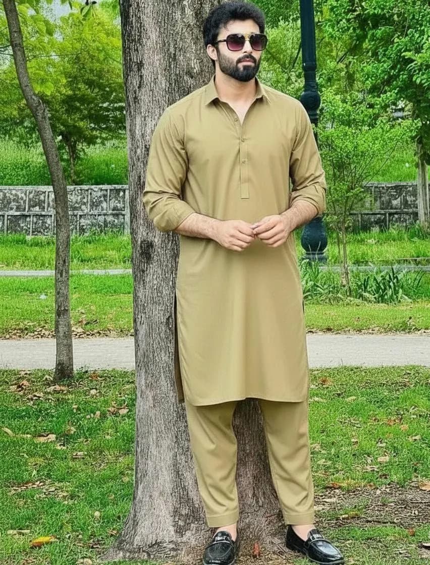 Men's Khaki Shalwar Kameez Slim Fit Kurta Pajama Set, South Asian Ethnic Wear - image 3