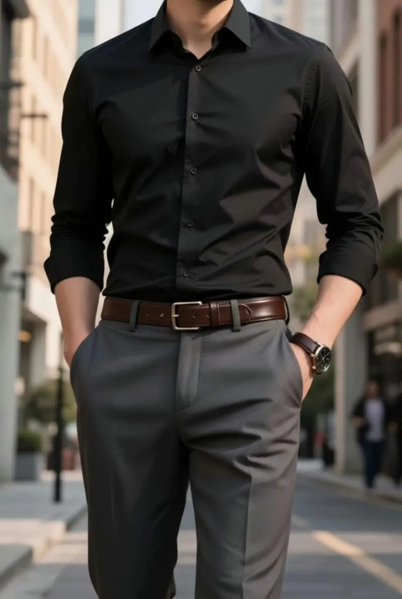 Men's Black Cotton Blend Slim Fit Dress Shirt, Minimalist Office Wear - image 2