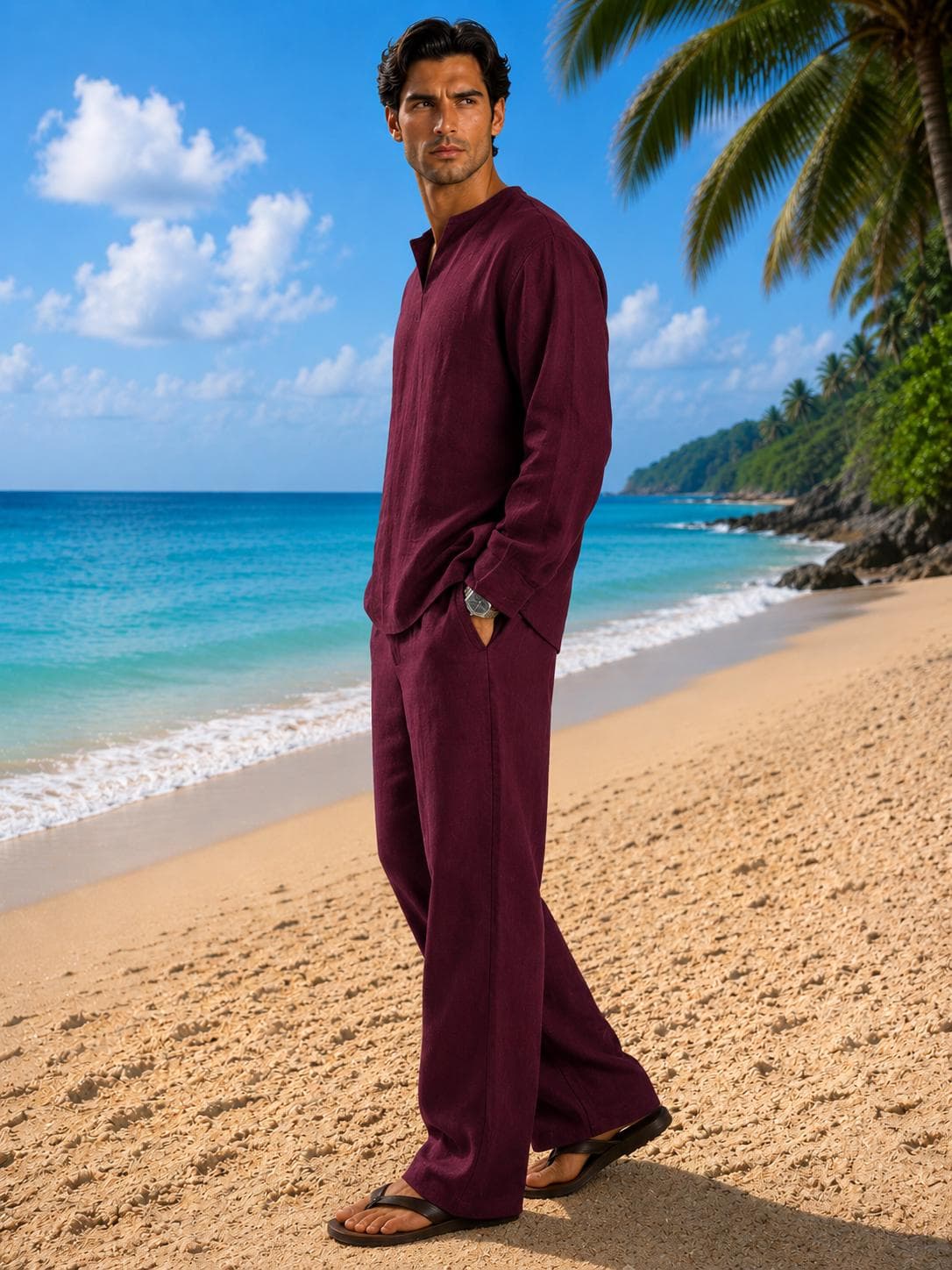 Burgundy Linen Shirt and Pants Set, Relaxed Fit Beach Vacation Resort Wear - image 4