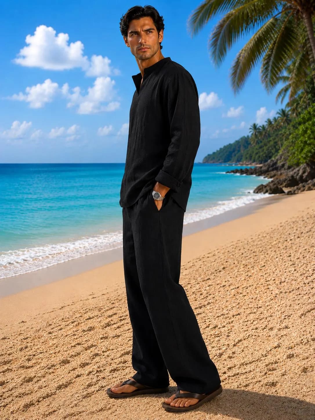 Black Linen Kurti Shirt and Trouser Set, Relaxed Fit Beach Vacation Resort Wear - image 4