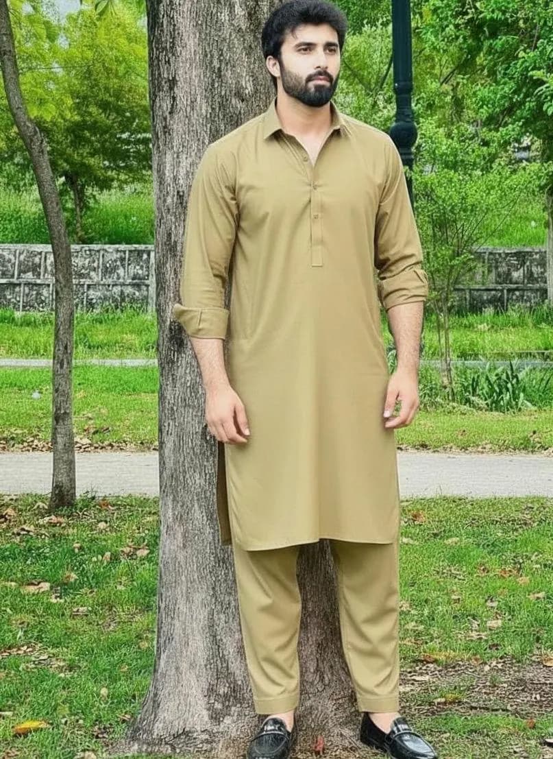 Men's Khaki Shalwar Kameez Slim Fit Kurta Pajama Set, South Asian Ethnic Wear