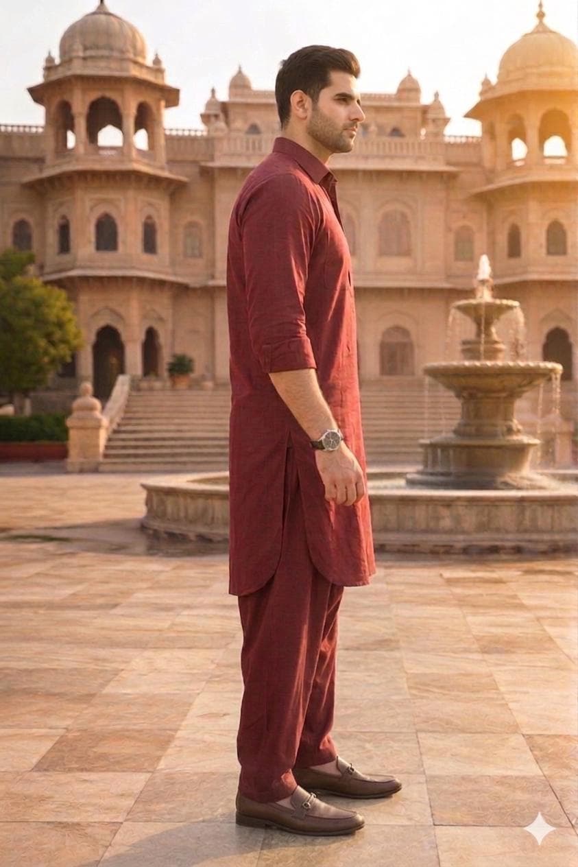 Men's Red Maroon Shalwar Kameez | Morden Pakistani Kurta Pajama Set | Cotton Ethnic Pathani Suit. - image 4