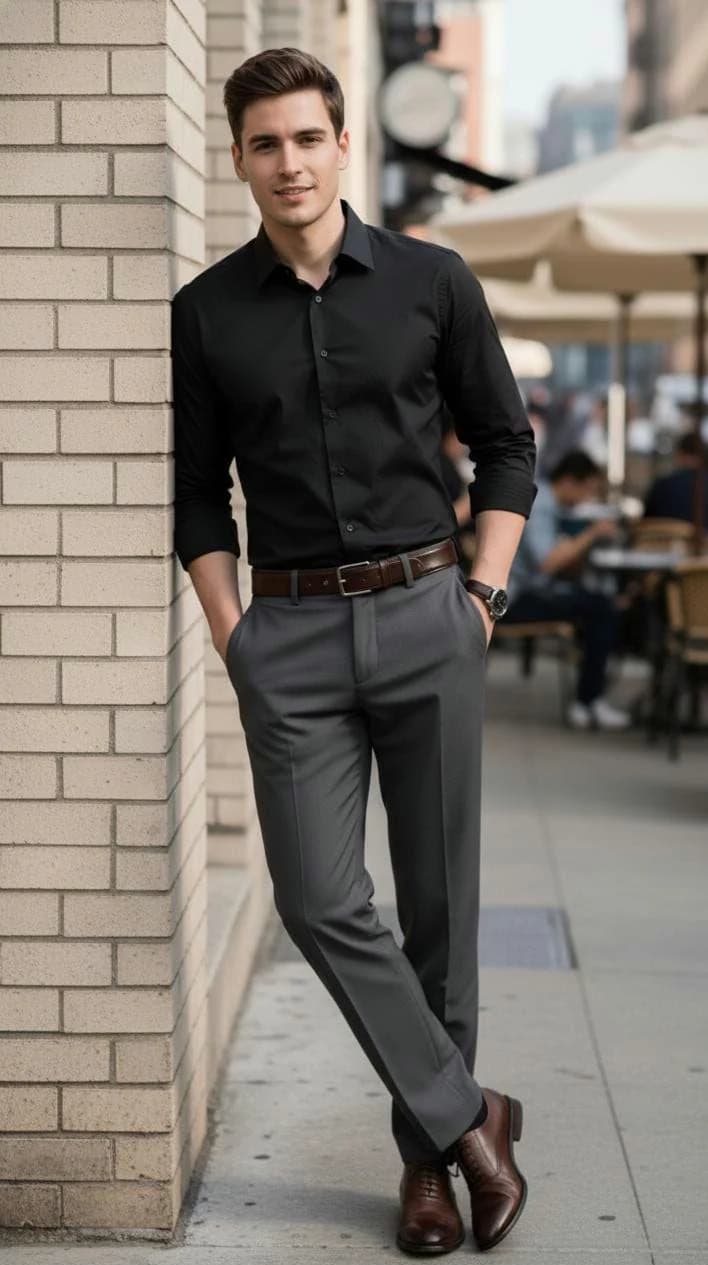 Men's Black Cotton Blend Slim Fit Dress Shirt, Minimalist Office Wear - image 4