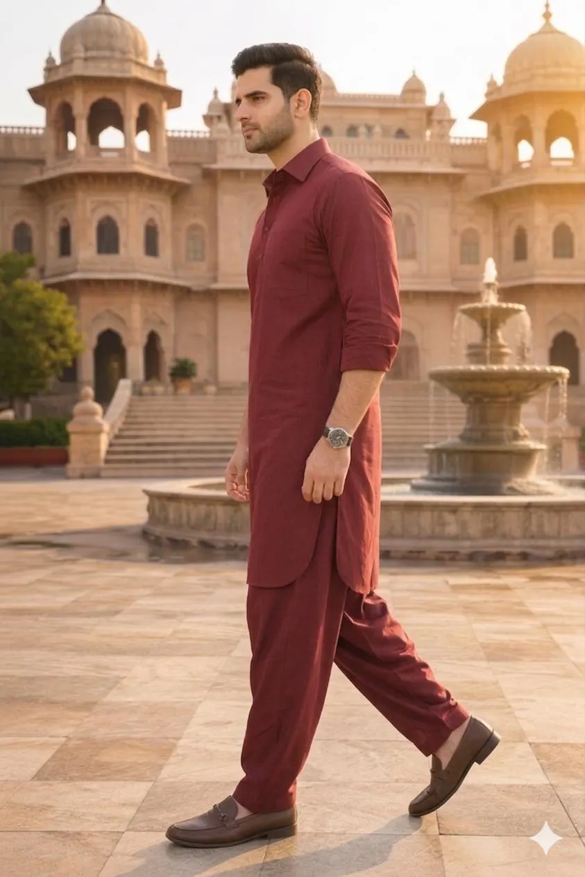 Men's Red Maroon Shalwar Kameez | Morden Pakistani Kurta Pajama Set | Cotton Ethnic Pathani Suit. - image 5