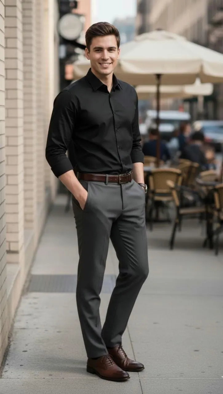Men's Black Cotton Blend Slim Fit Dress Shirt, Minimalist Office Wear