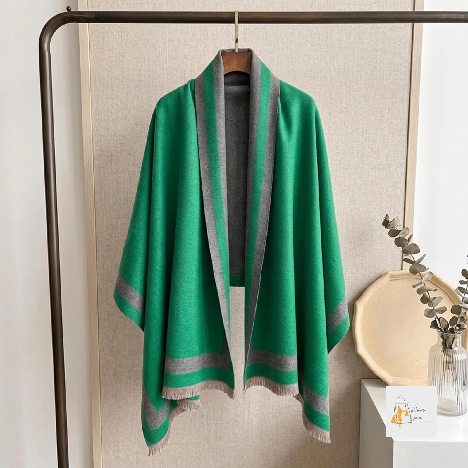 Oversized wrap scarf draped elegantly over the shoulders