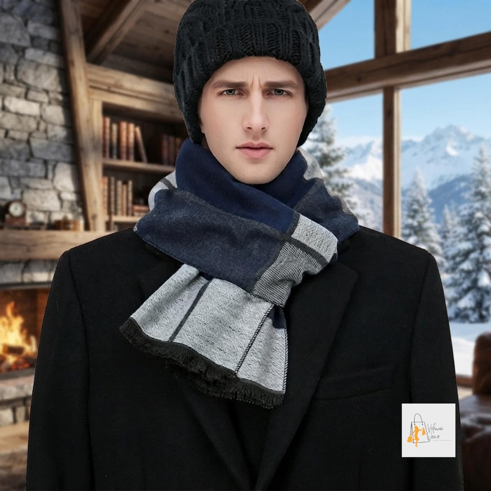 Soft check scarf styled with a black winter coat.