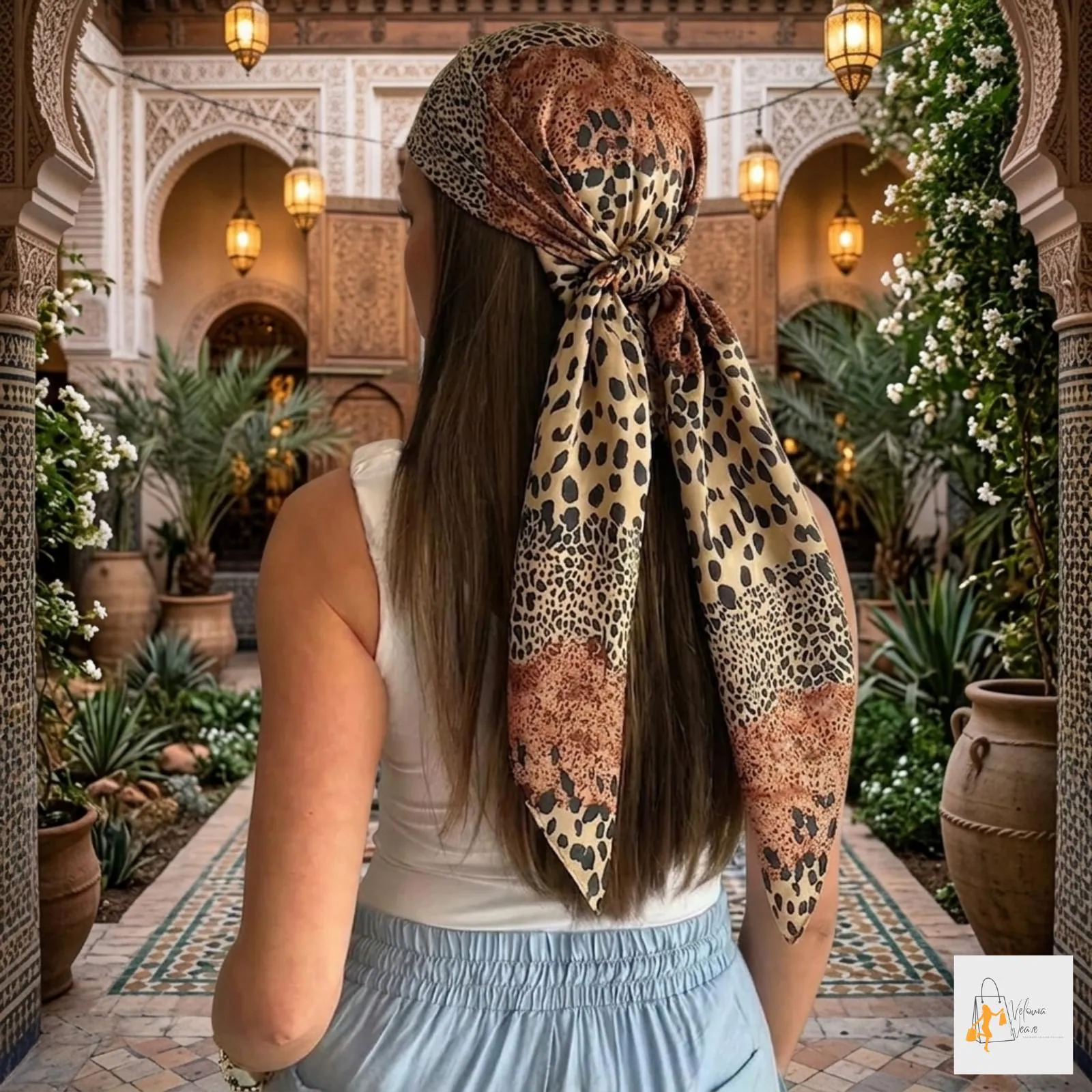 Leopard print square scarf displayed flat showing full pattern detail