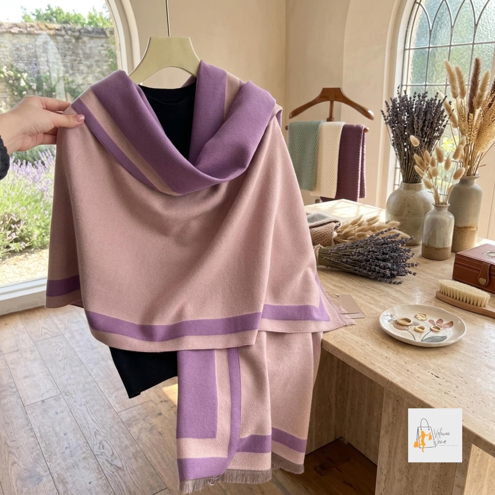 Cozy neutral-tone scarf styled with a casual autumn outfit