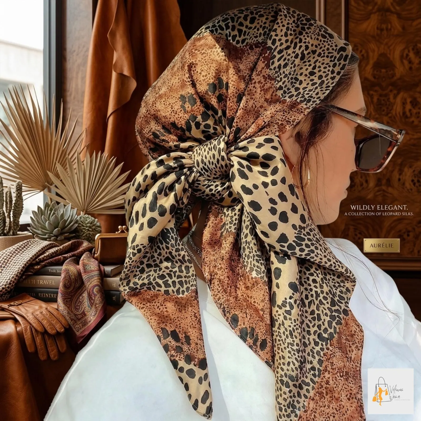 Elegant neckerchief styling with leopard print square scarf
