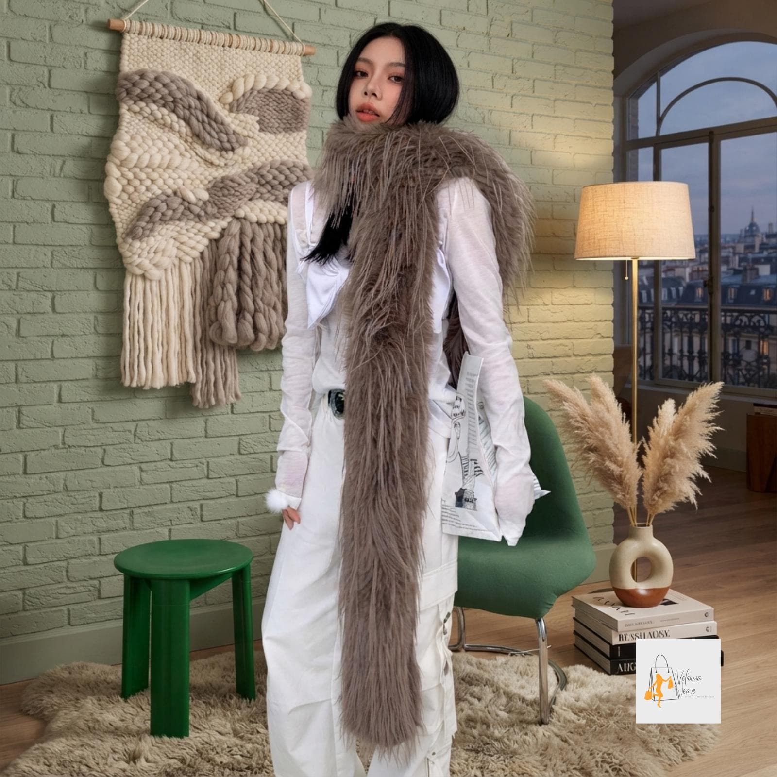 Long wrap styled in multiple ways for everyday fashion.