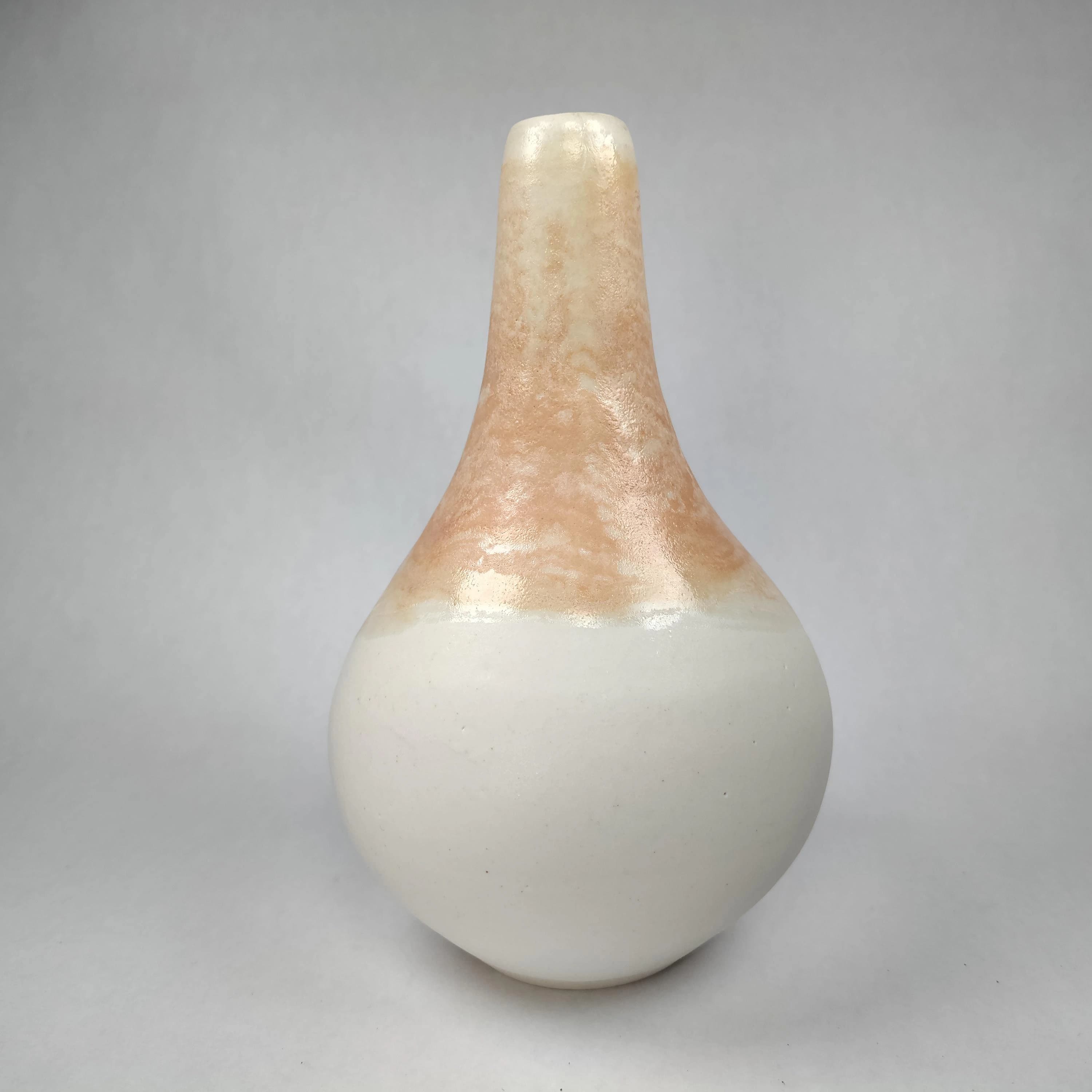 Vintage pink and white glazed clay vase signed o/v or olv - image 5
