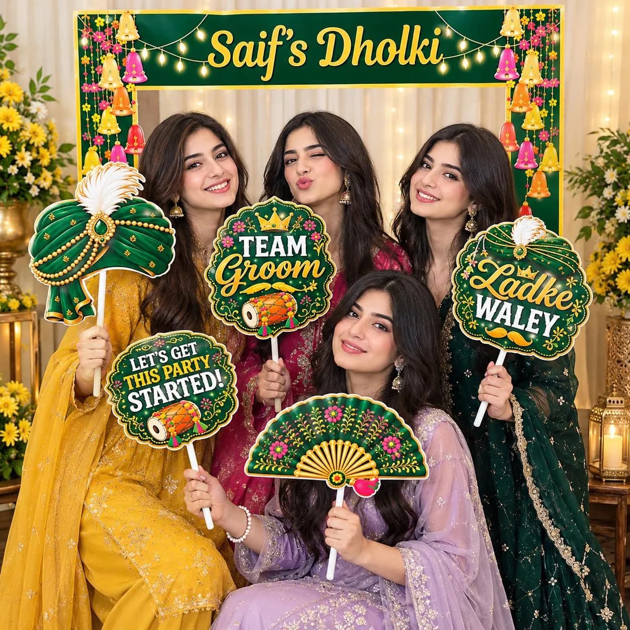 Personalized Dholki Photo Booth Frame, Floral Green Gold Props (Digital Download) - image 5