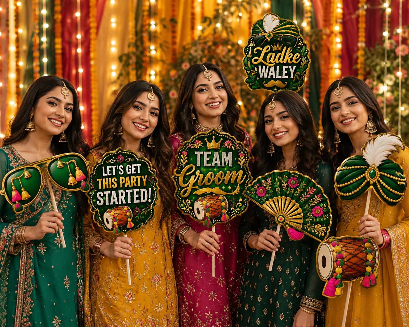 Personalized Dholki Photo Booth Frame, Floral Green Gold Props (Digital Download) - image 3