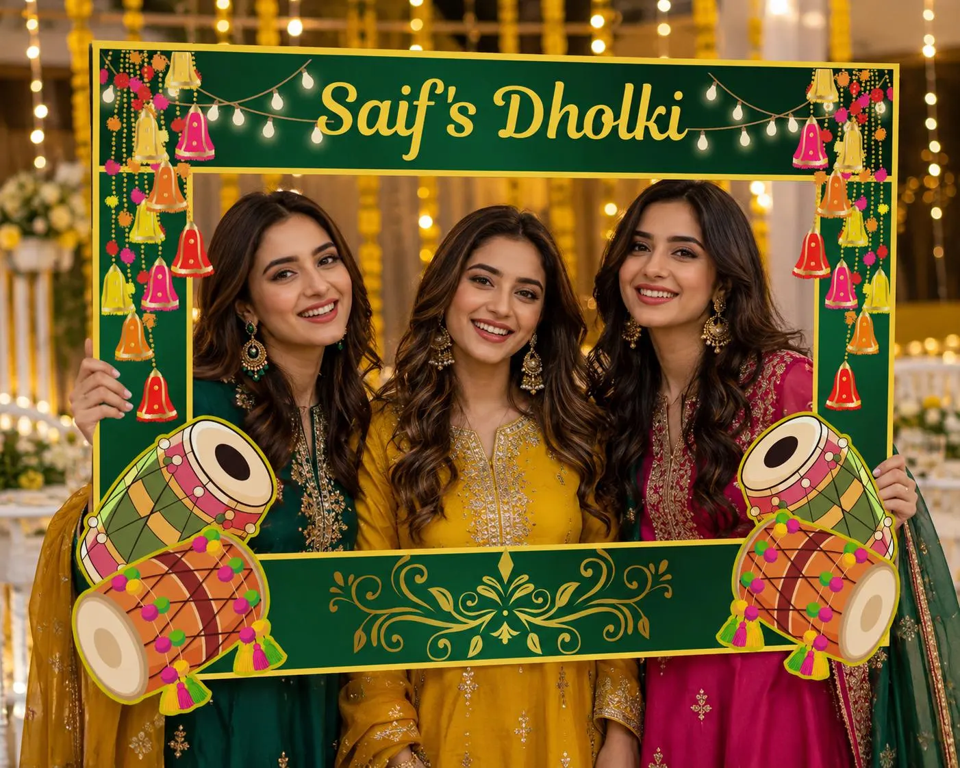 Personalized Dholki Photo Booth Frame, Floral Green Gold Props (Digital Download) - image 4
