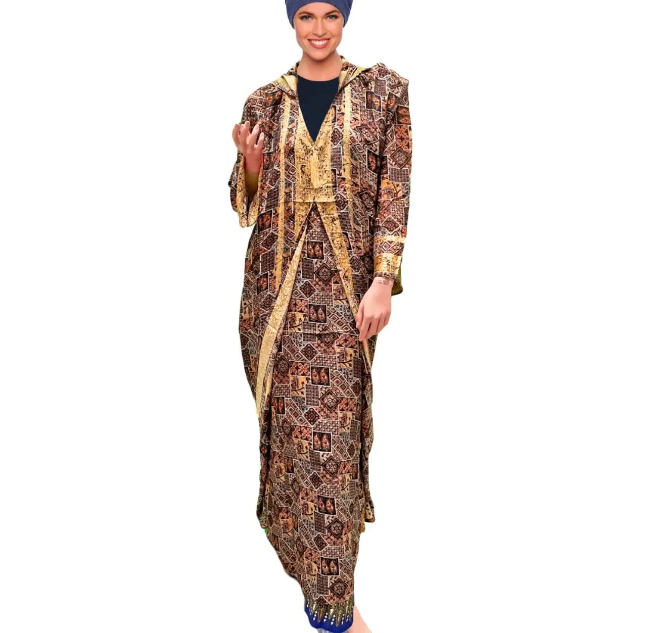 Ladies' Hooded Dubai Abaya Kaftan, Gold Detail, Maxi Jilbab - image 3