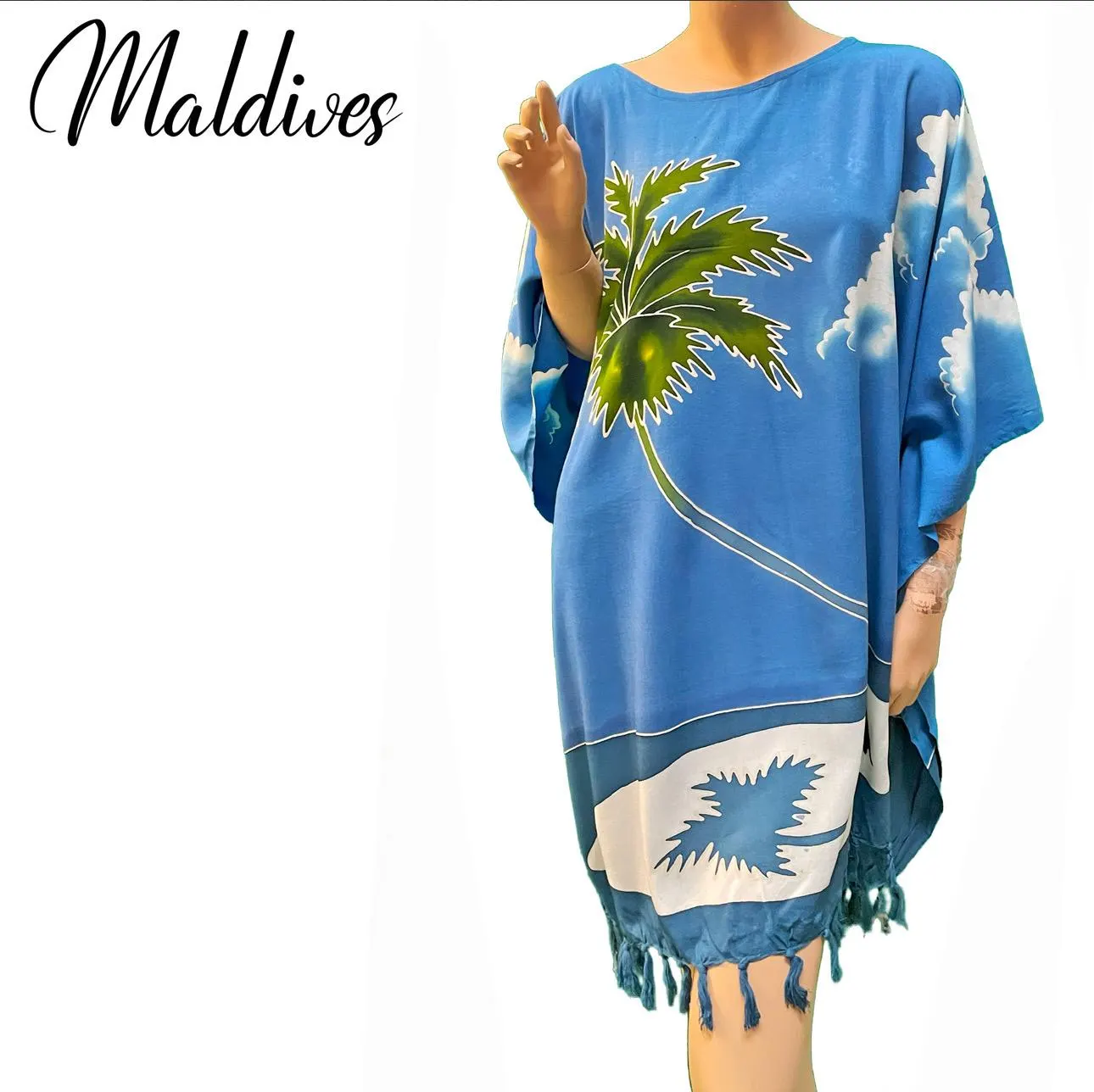 Hand-Painted Rayon Kaftan Top – Maldives Coconut Island, Boho Tunic - image 3
