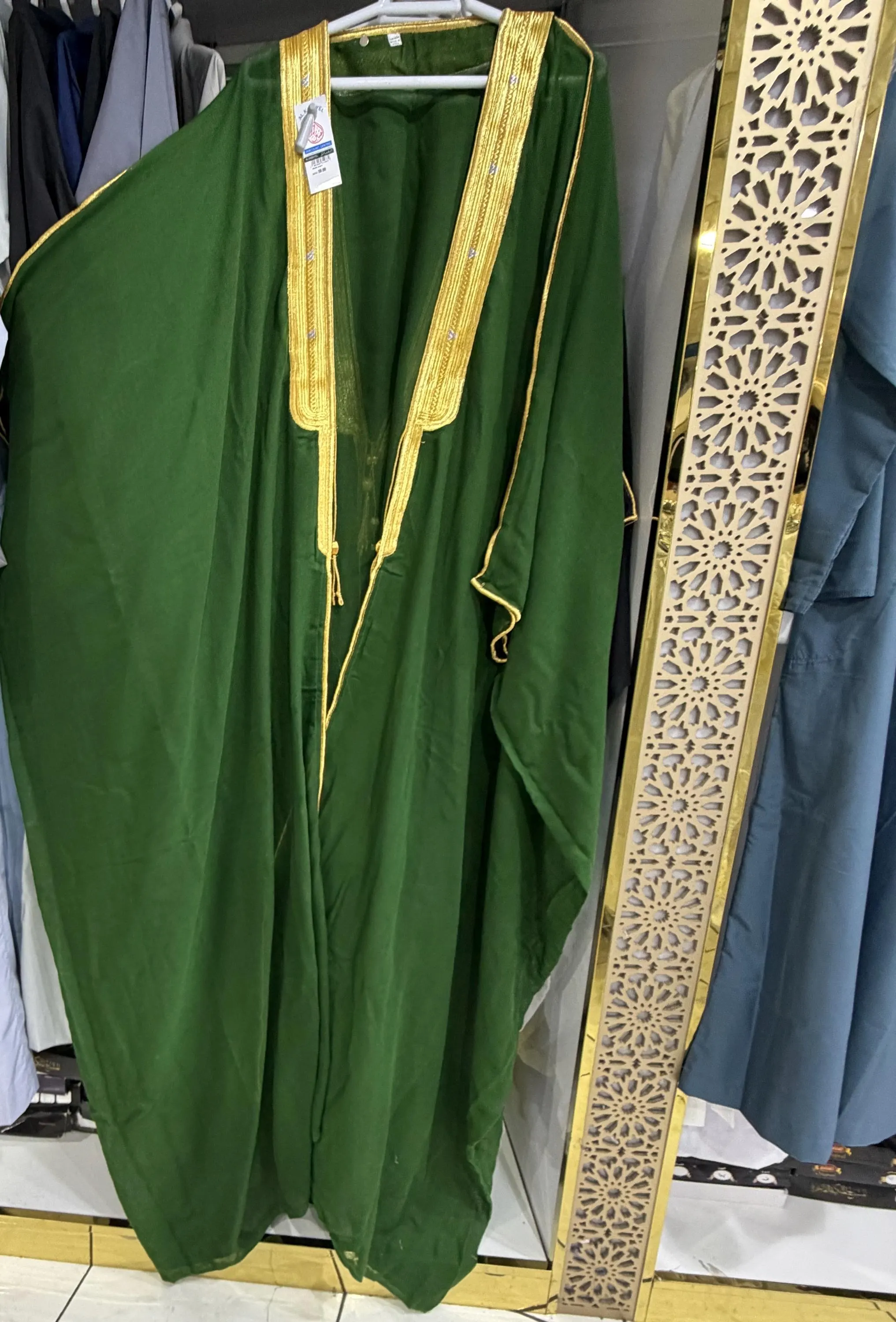 Green Bisht Arabic Coat Cloack Jacket Gold trim tassels men Robe Wedding - image 3