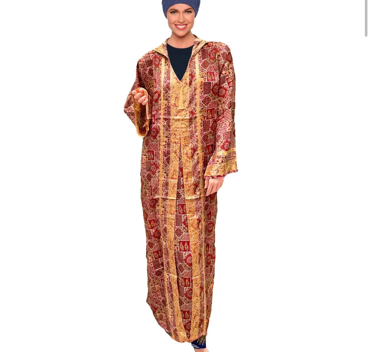Ladies' Hooded Dubai Abaya Kaftan, Gold Detail, Maxi Jilbab - image 4