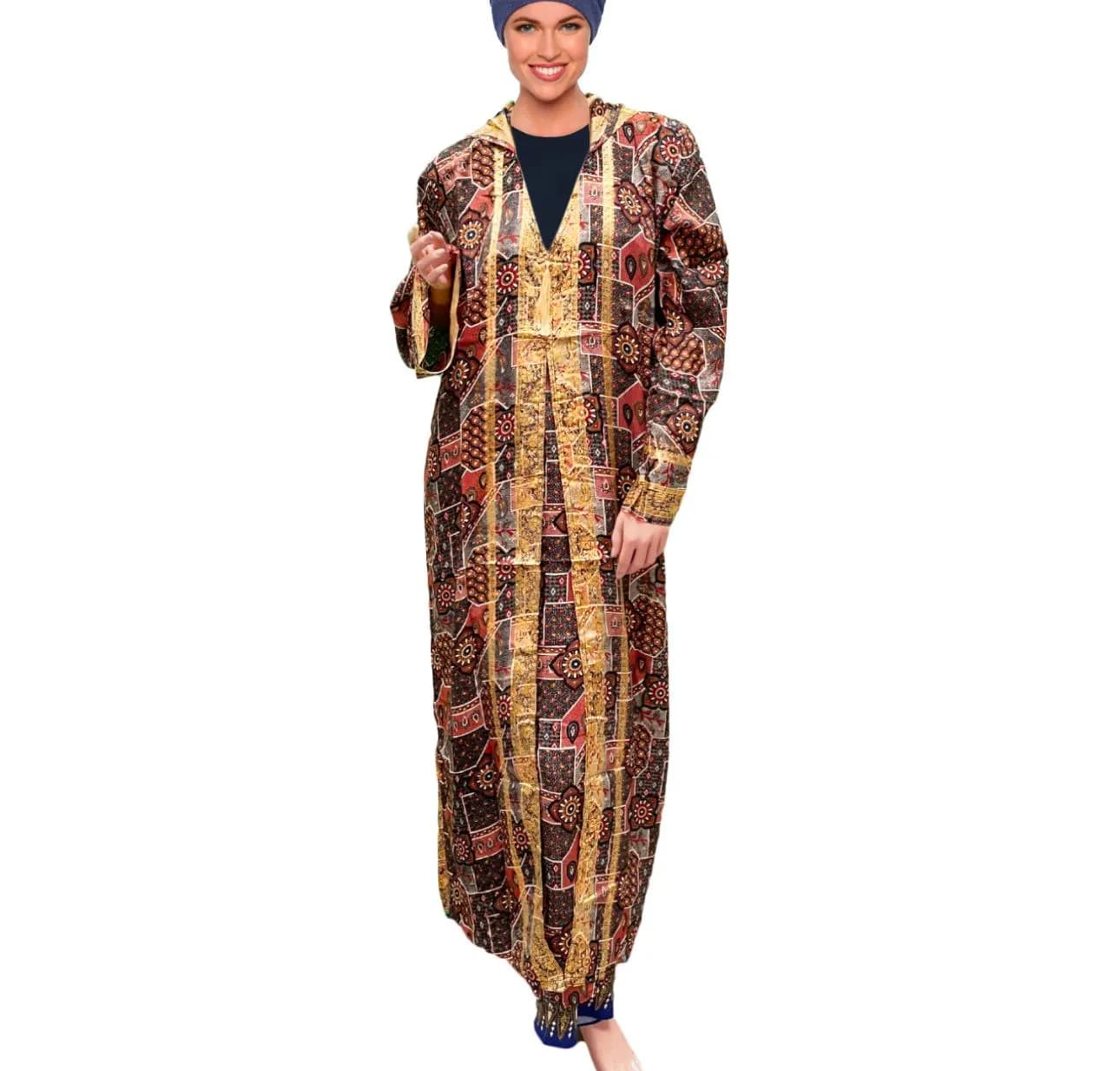 Ladies' Hooded Dubai Abaya Kaftan, Gold Detail, Maxi Jilbab - image 5