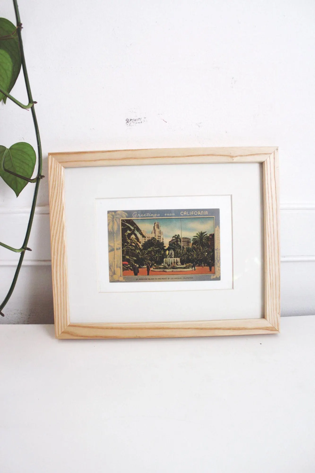 Vintage Framed Linen Postcard Pershing Square LA California Wall Art Decor Ephemera - image 4