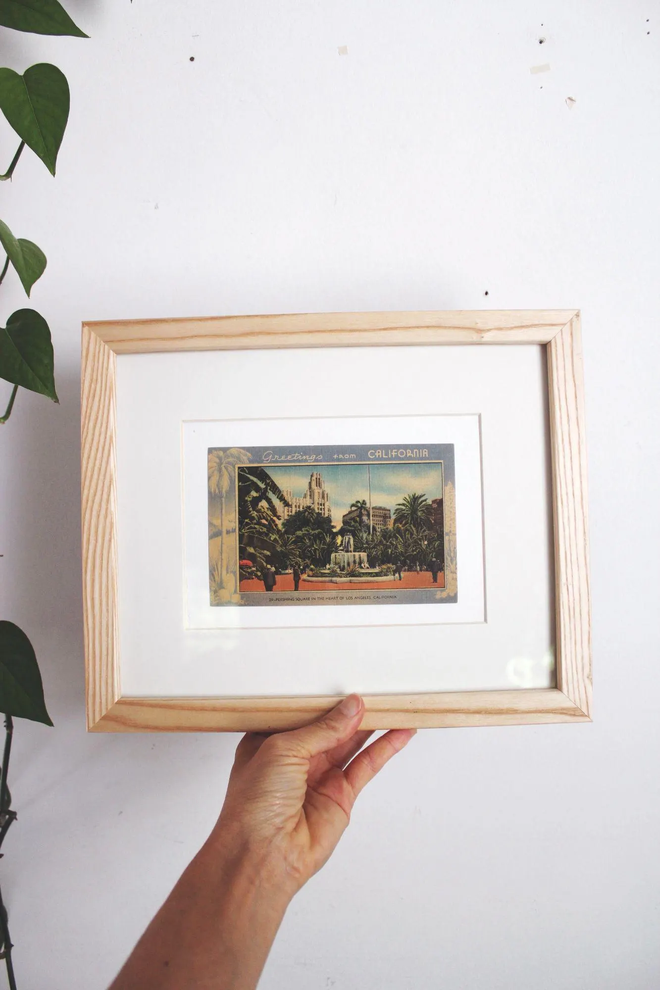 Vintage Framed Linen Postcard Pershing Square LA California Wall Art Decor Ephemera - image 3
