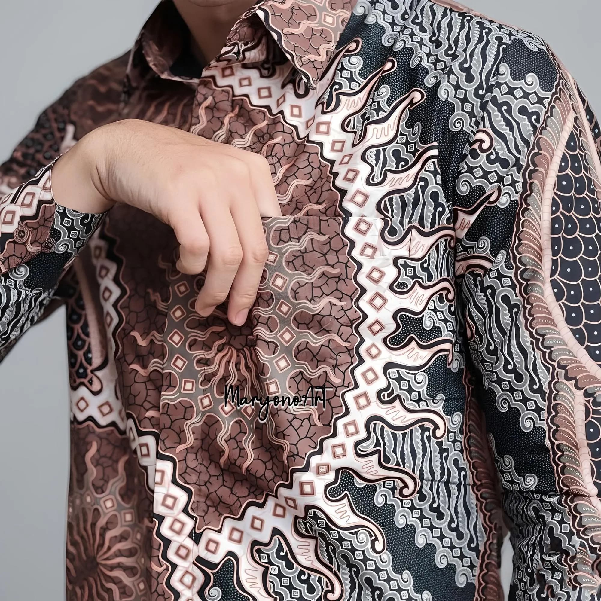 Premium Indonesian Batik Shirt Men Merapi Series Long Sleeve Cotton Shirt with Lining