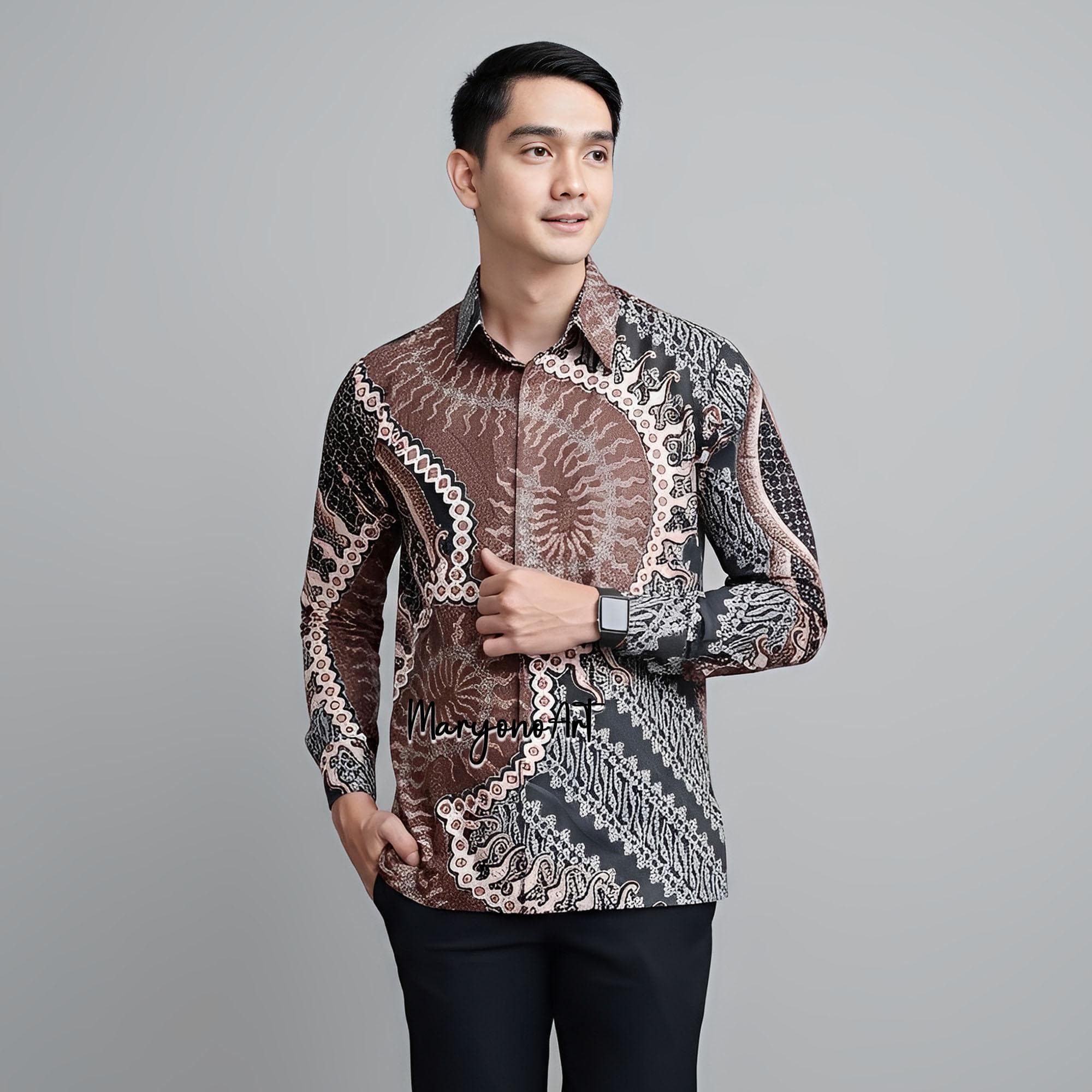 Premium Indonesian Batik Shirt Men Merapi Series Long Sleeve Cotton Shirt with Lining