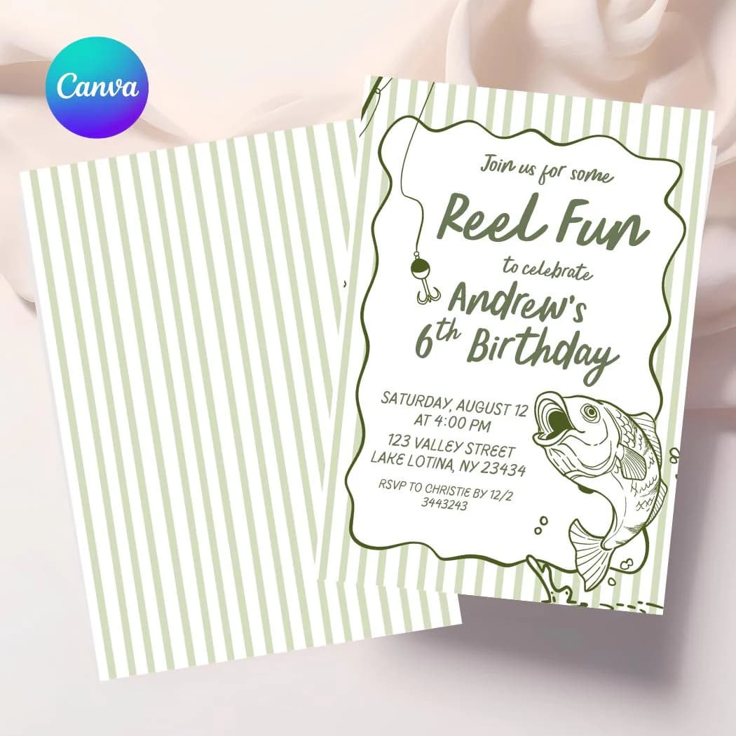 Hand Drawn Fishing Birthday Digital Invitation, Editable Canva Template Reel Fun Birthday Invite, Fisherman Kids Birthday Printables C222 - image 3