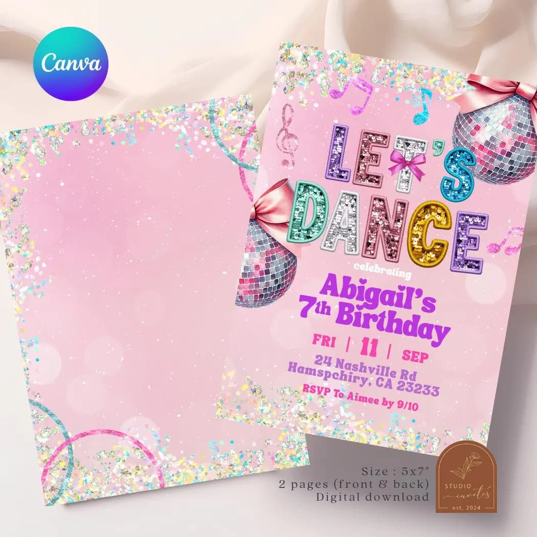 Pink Sequin Glitter Let's Dance Invitation, Pink Coquette Bow Discoball Birthday Invite, Canva Editable Dancer Kids Birthday Party C185 - image 3