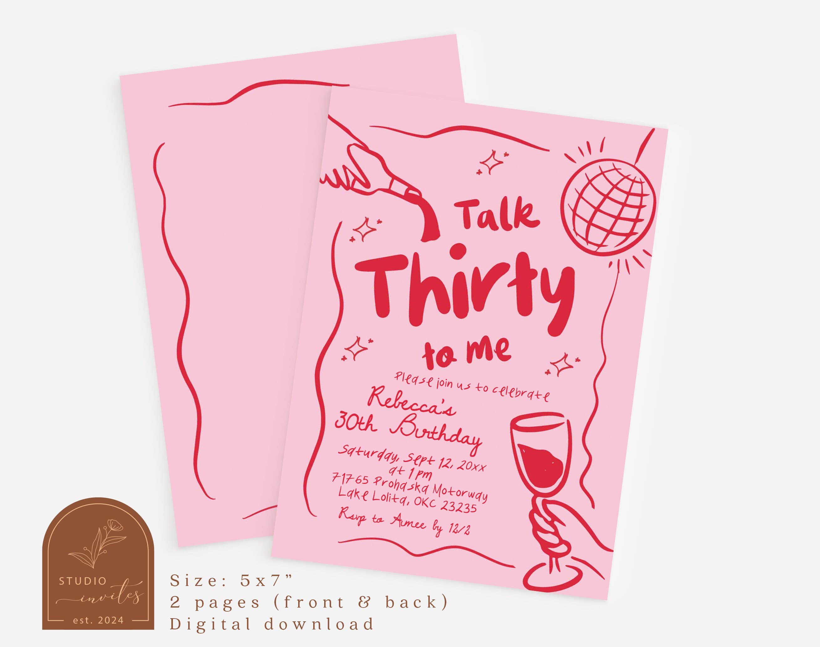 Talk Thirty To Me Women Birthday Party Invitation, Pink and Red Retro Vintage 30th Birthday Invite, Dirty Thirty Birthday Invitation C56 - image 3