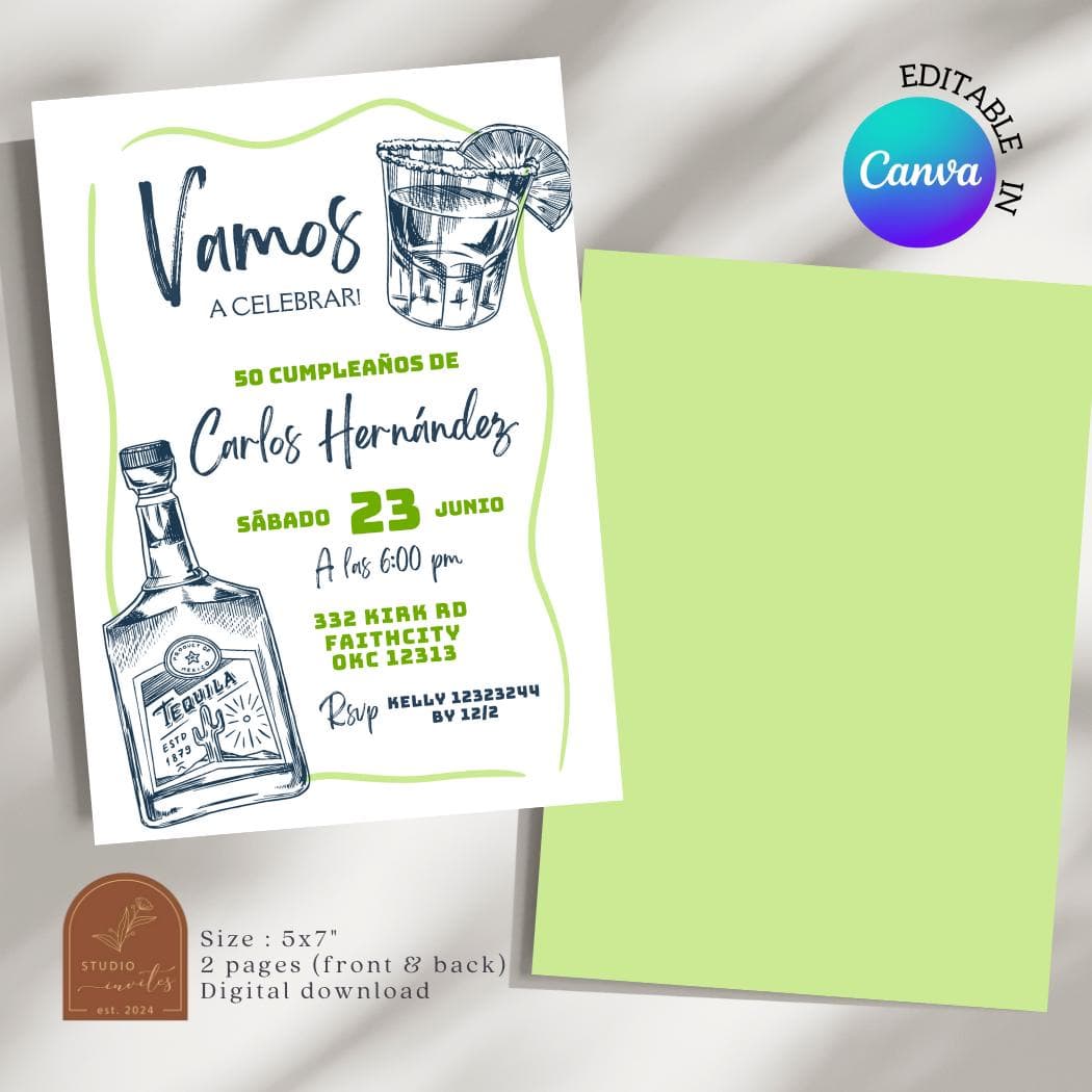 Spanish Mexican Tequila Man Birthday Party Invitation, Fiesta Adult Birthday Invite, Canva editable Template Tequila Birthday Invite AC21 - image 3