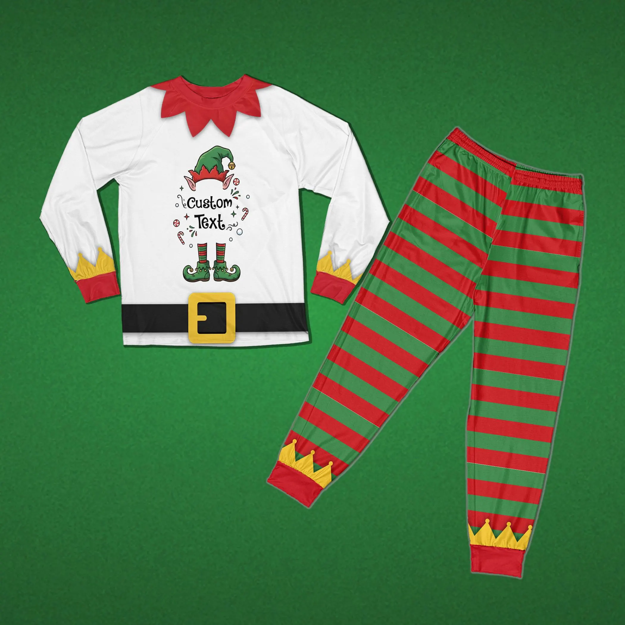 Personalized Family Christmas PJs, Elf Costume Pajamas, Custom Text Holiday Loungewear, Green Red Striped Pajamas, Christmas Eve Gift - image 4