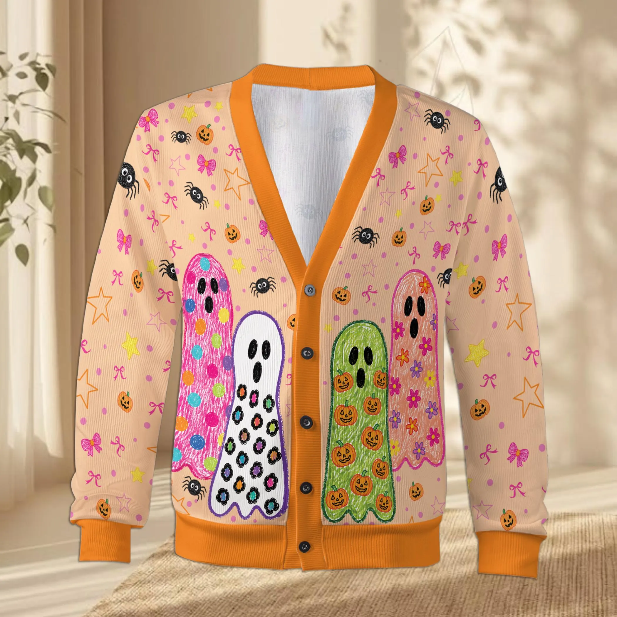 Colorful Doodle Ghost Cardigan, Halloween Knitted Sweater with Bows and Stars, Spooky Cute Pumpkin Outerwear, Unisex Fall Holiday Fashion - image 3