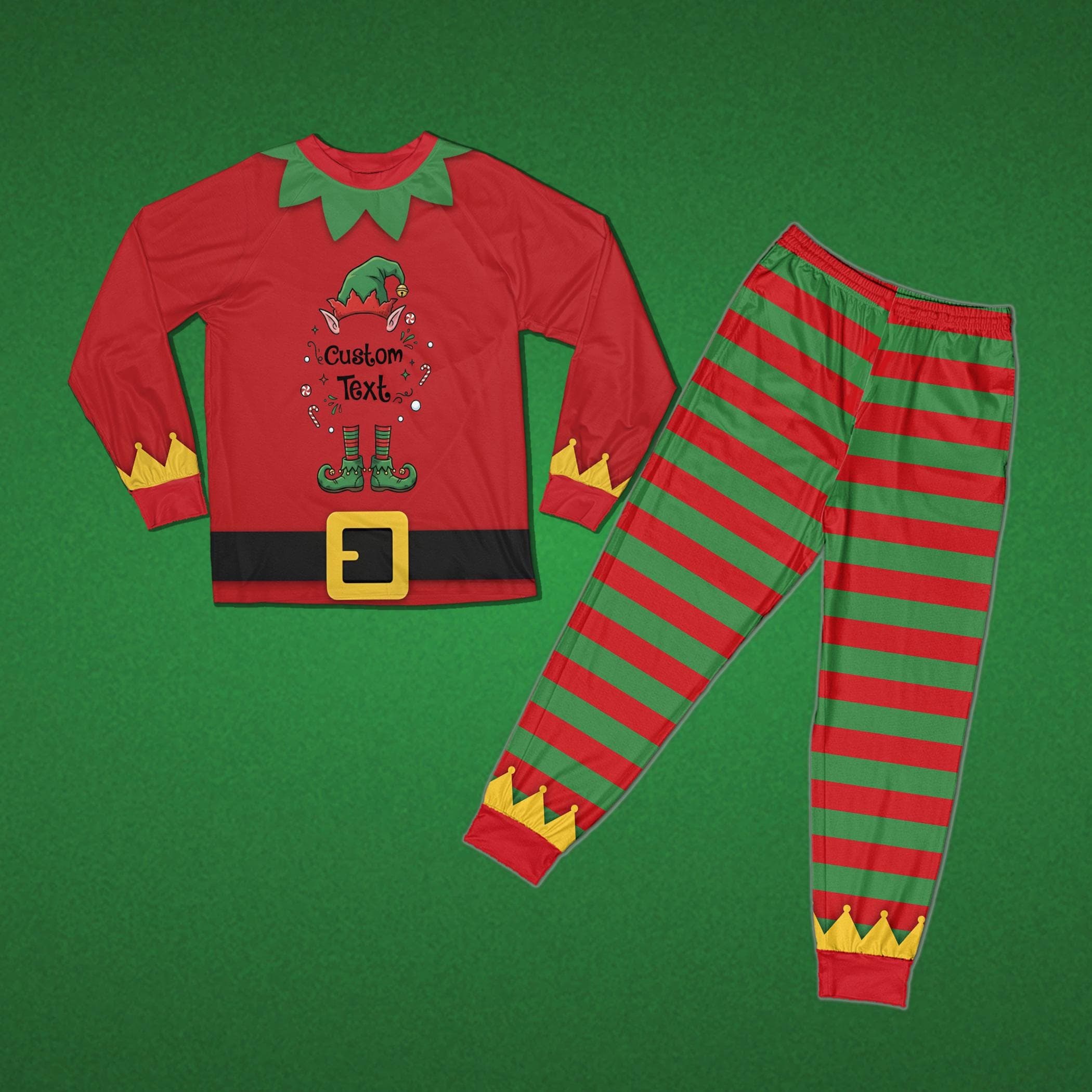 Personalized Family Christmas PJs, Elf Costume Pajamas, Custom Text Holiday Loungewear, Green Red Striped Pajamas, Christmas Eve Gift - image 3
