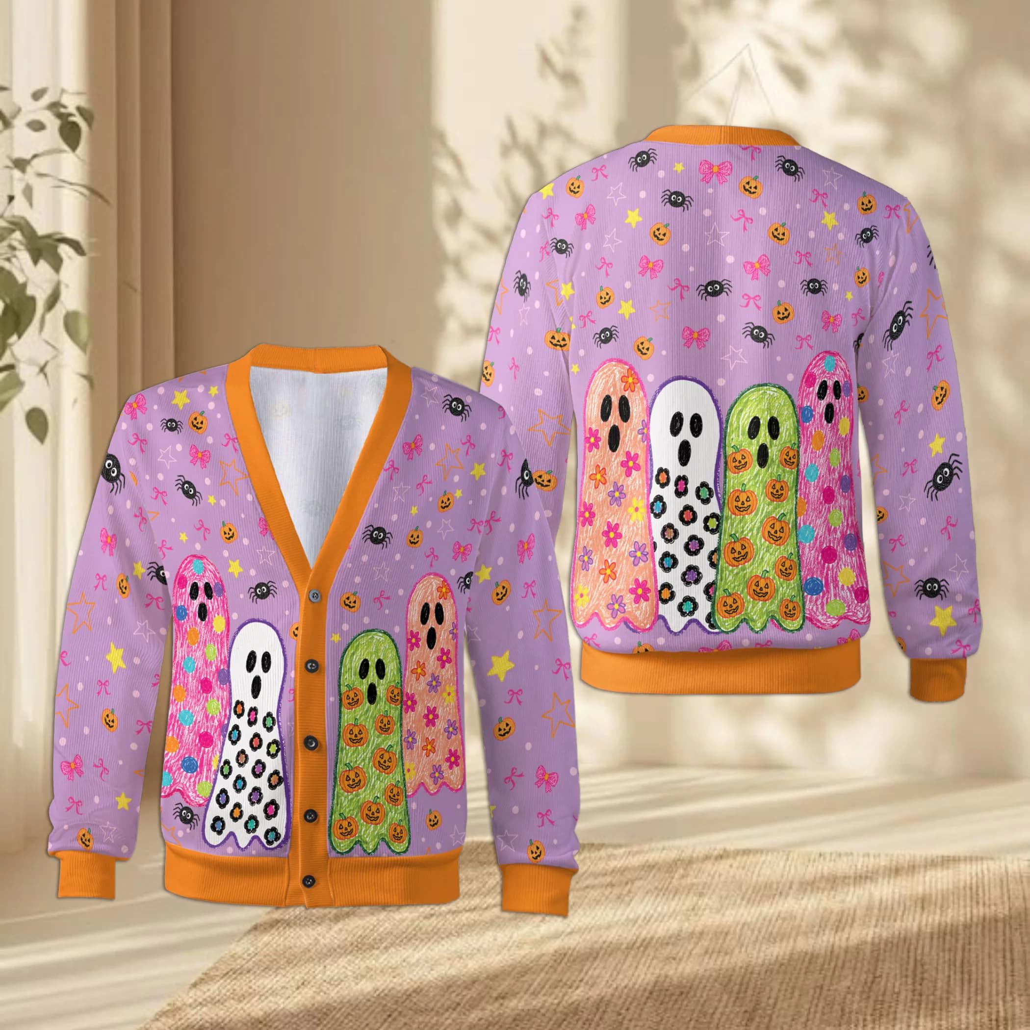 Colorful Doodle Ghost Cardigan, Halloween Knitted Sweater with Bows and Stars, Spooky Cute Pumpkin Outerwear, Unisex Fall Holiday Fashion - image 4