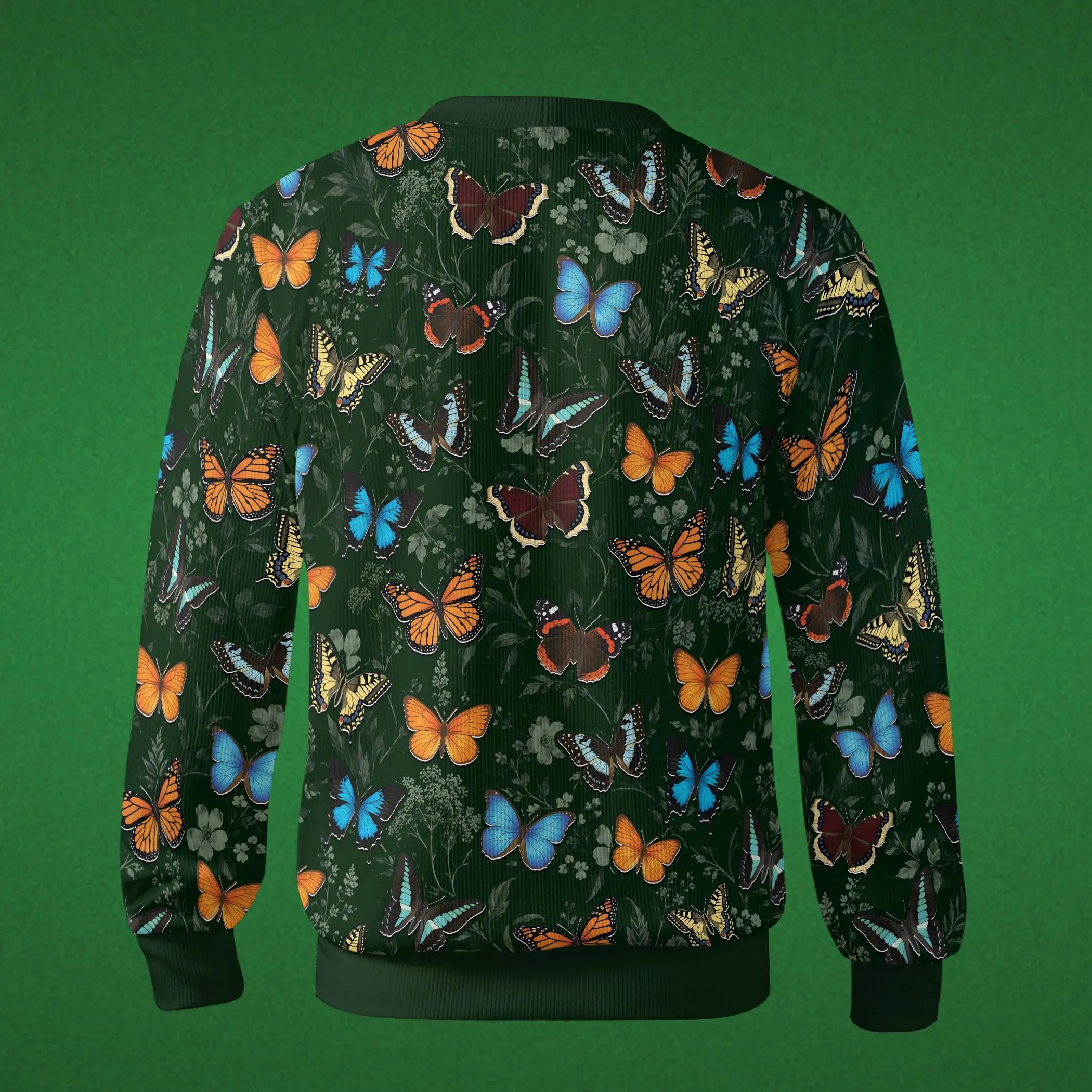 All Over Butterfly Print Cardigan, Dark Green Nature Sweater, Botanical Garden Knitted Top, Unisex Gift, Monarch and Swallowtail Design - image 4