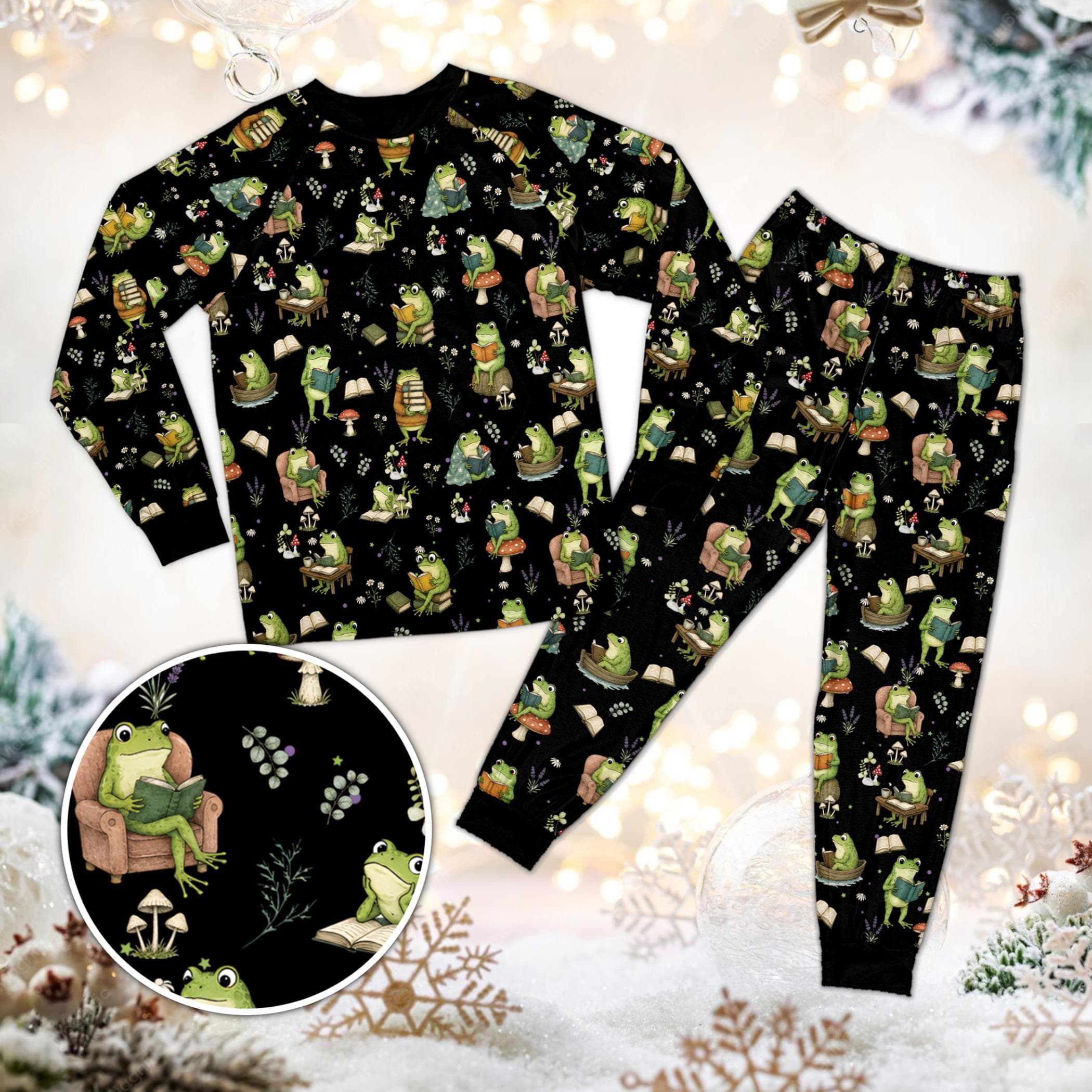 Frog in Armchair Pajamas, Reading on Mushroom Sleepwear, Whimsical Nature PJs, Dark Academia Toad Lounge Set, Long Pajama Set for All - image 4