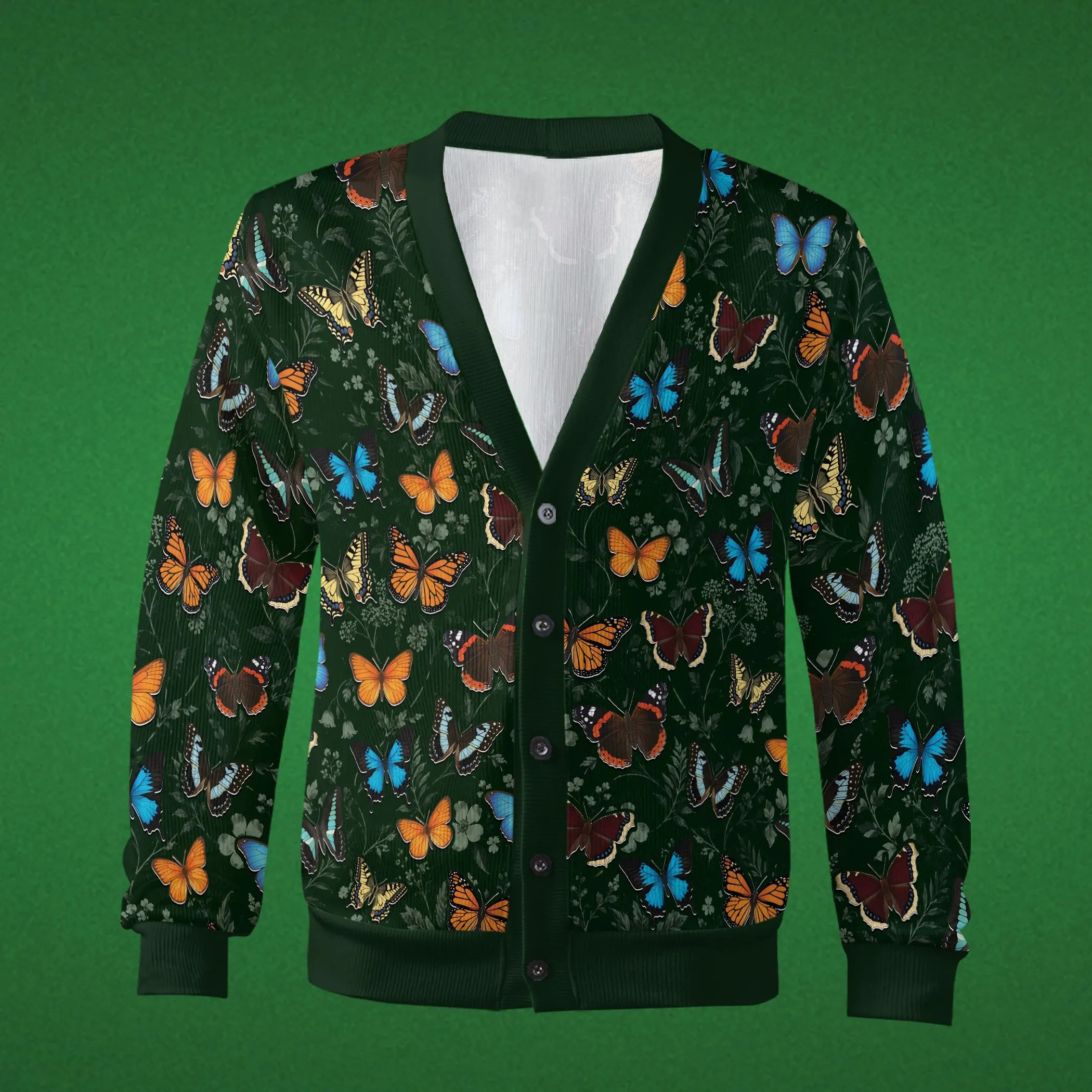 All Over Butterfly Print Cardigan, Dark Green Nature Sweater, Botanical Garden Knitted Top, Unisex Gift, Monarch and Swallowtail Design - image 5