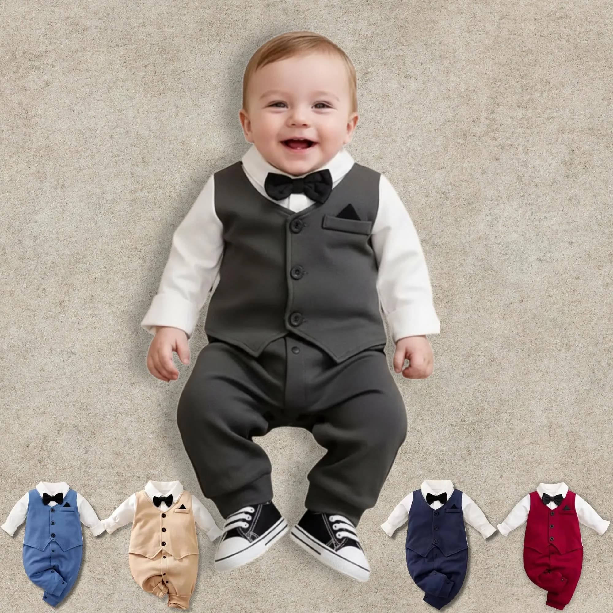 Elegant Baby Tuxedo Romper with Bow Tie and Built-In Vest, Cotton Long Sleeve Onesie 0-18M for Weddings, Parties, Photoshoots First Birthday