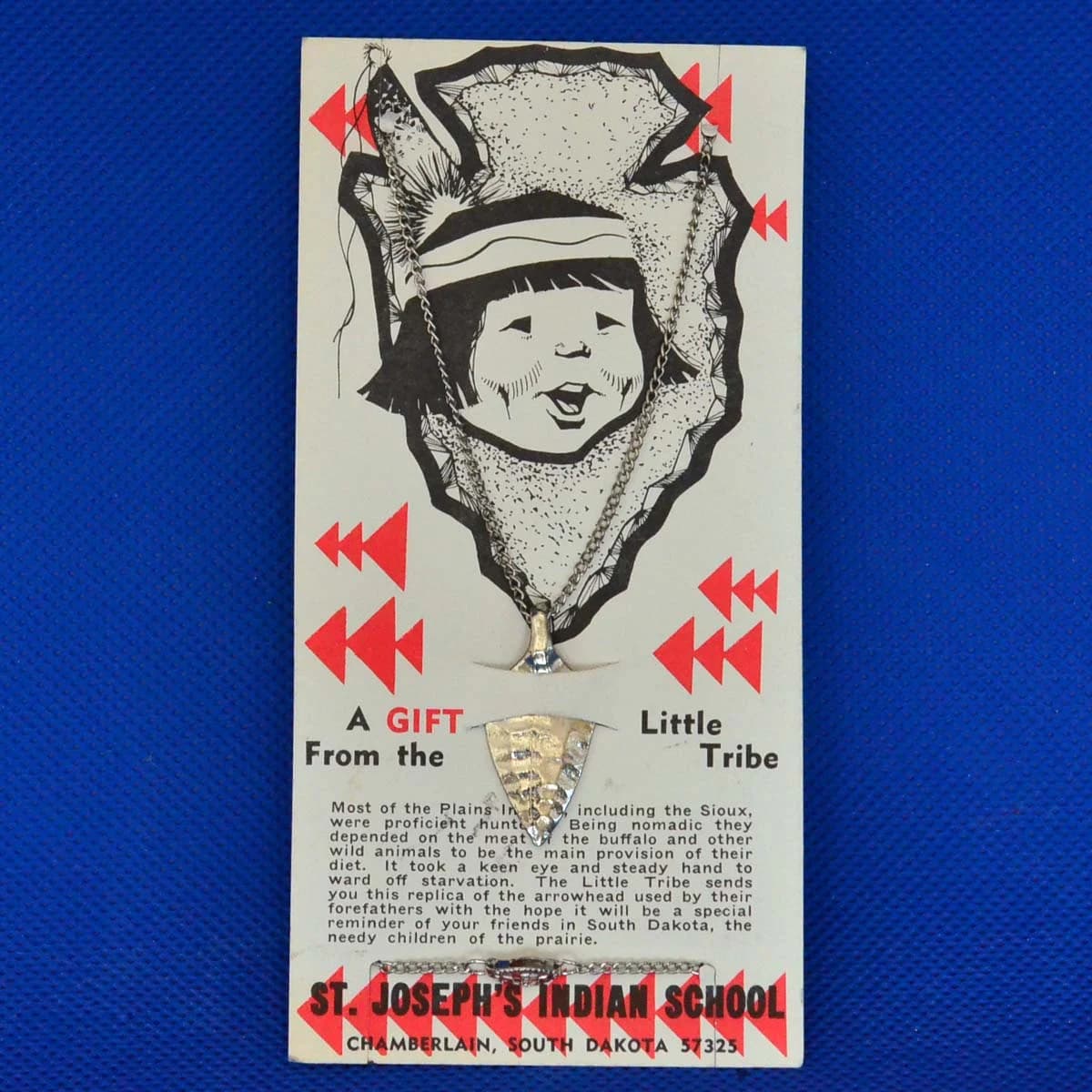 Vintage St Joseph's Indian School Chamberlain South Dakota Arrowhead Pendant Necklace - Souvenir - Original Card with Story - Little Tribe