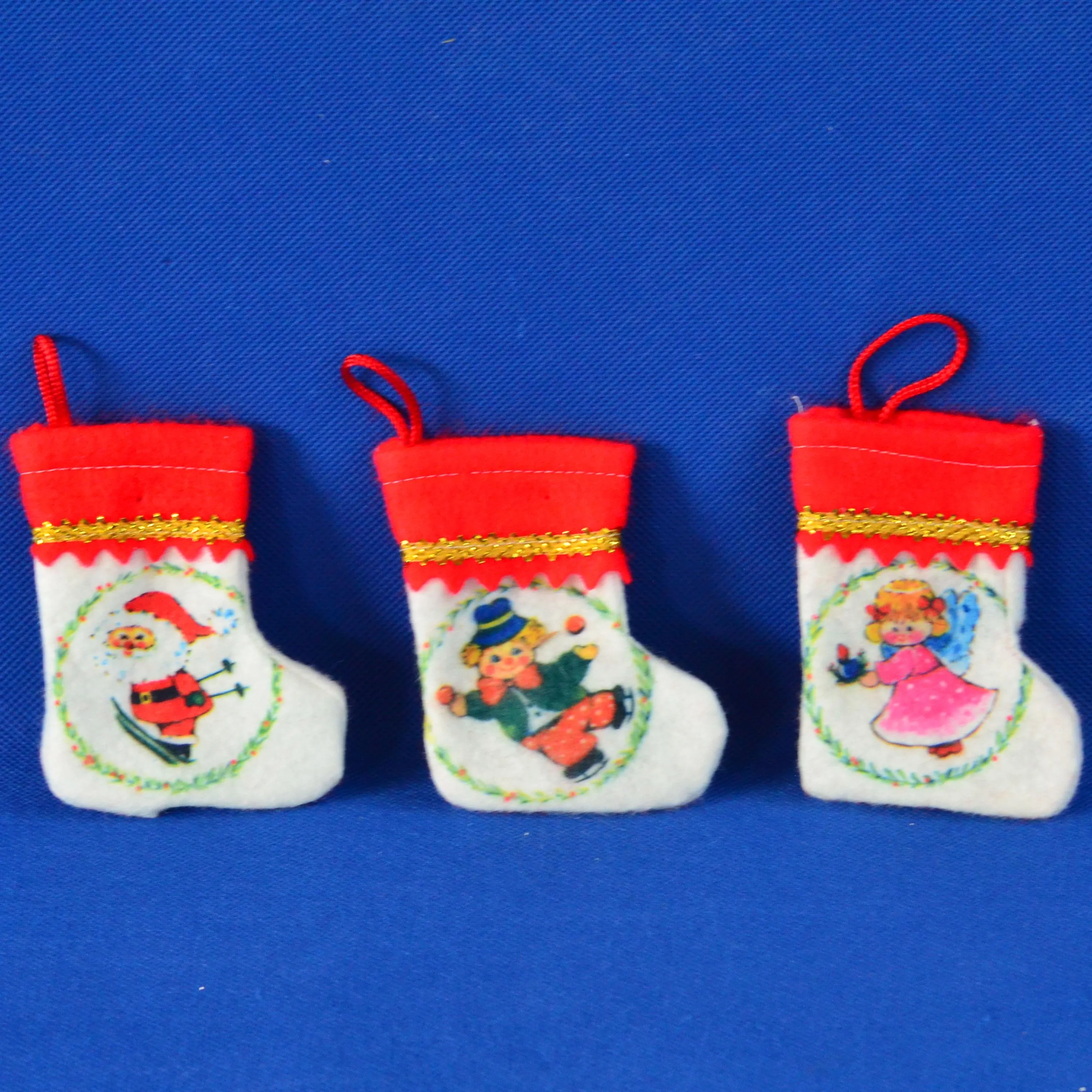 CHOICE of Miniature Felt Christmas White Stocking with Red Cuff & Braided Metallic Gold Trim - Santa, Clown, Angel - Holiday Christmas Decor