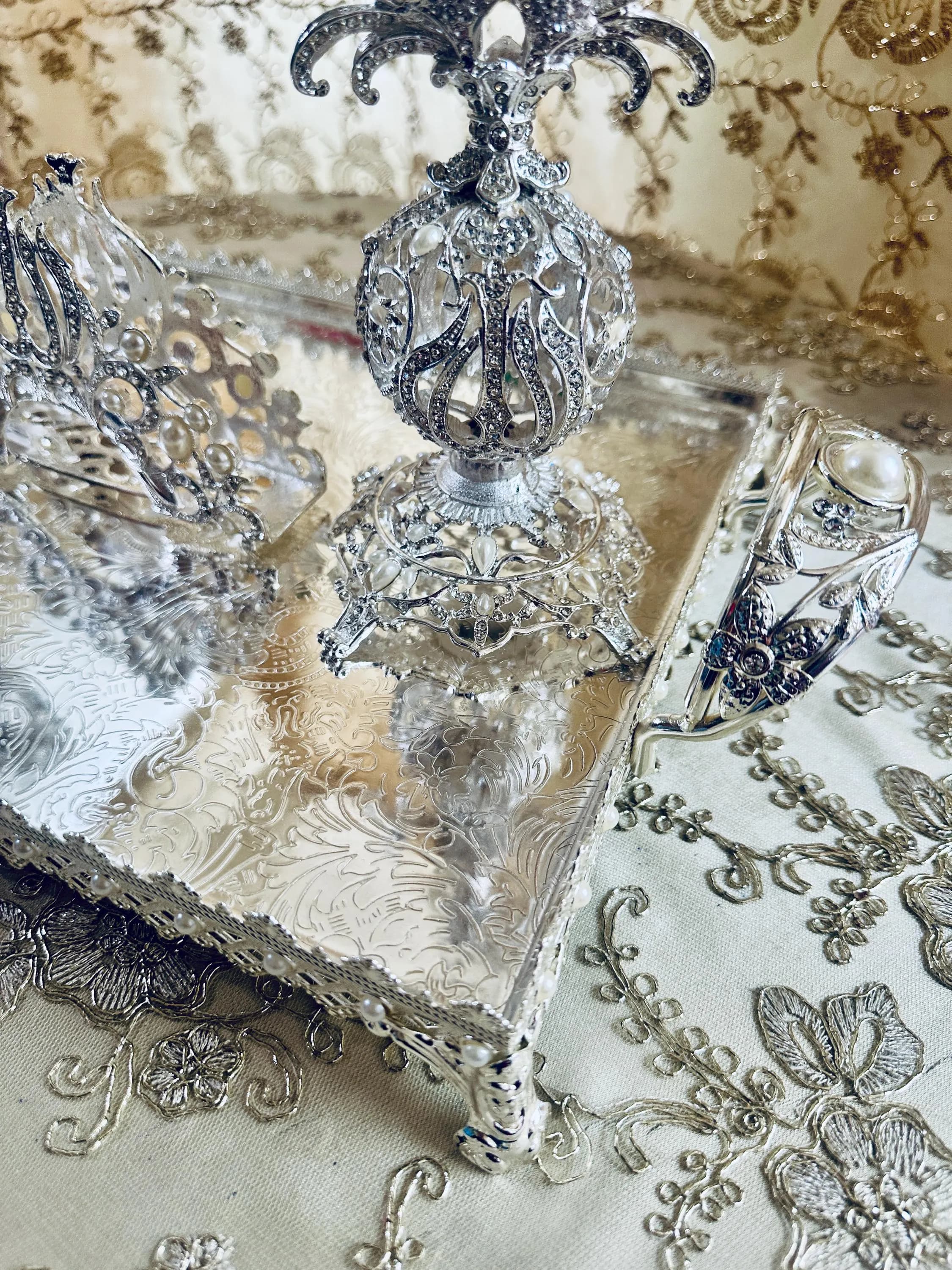 Small Silver Engraved Serving Tray with Pearl Handles & Feet - image 4